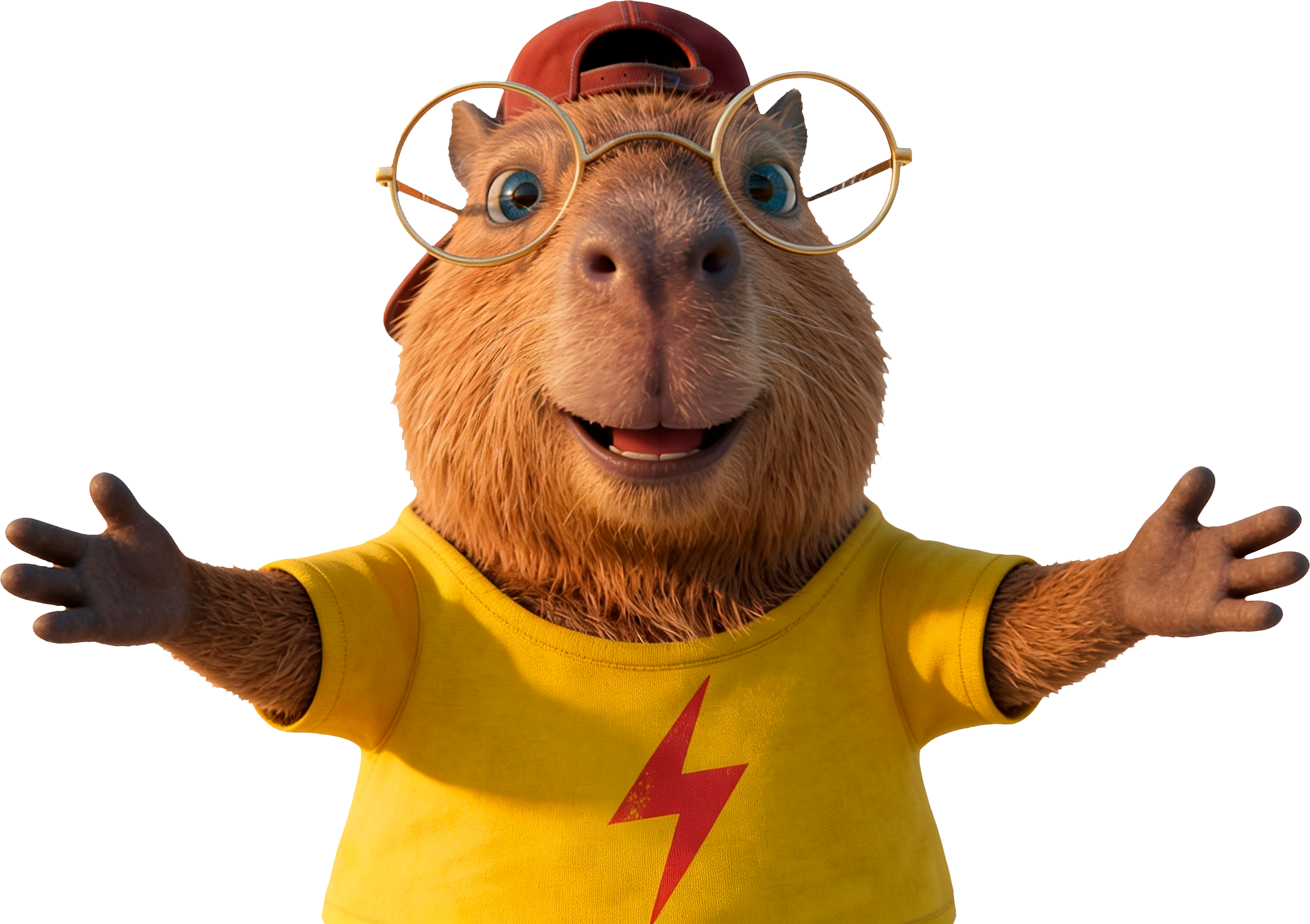 Albert the capybara wearing a red backwards cap, gold round glasses, and a yellow lightning-bolt t-shirt, holding a vintage microphone